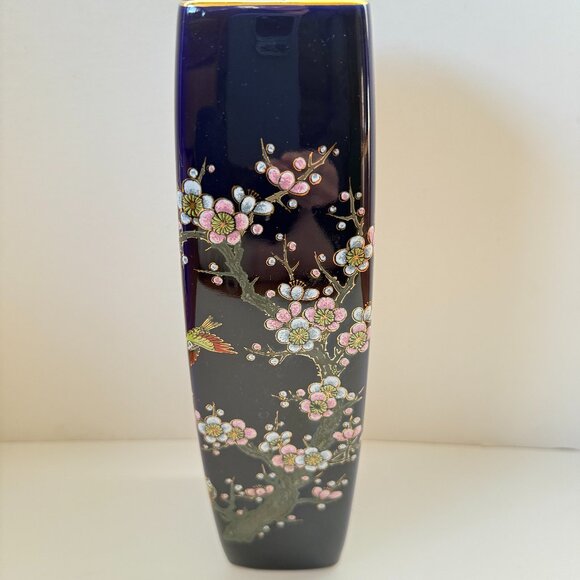 Handpainted MCI Japan Porcelain Cobalt Vase With Cherry Blossom and Bird Motif - Picture 3 of 8
